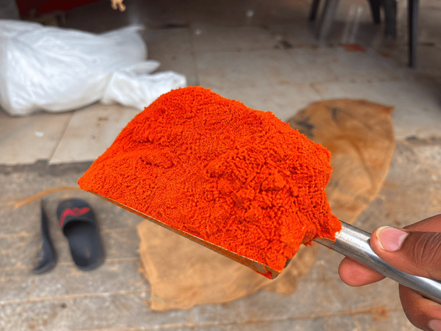 Nayak Spices red chilli powder shown on a metal scoop